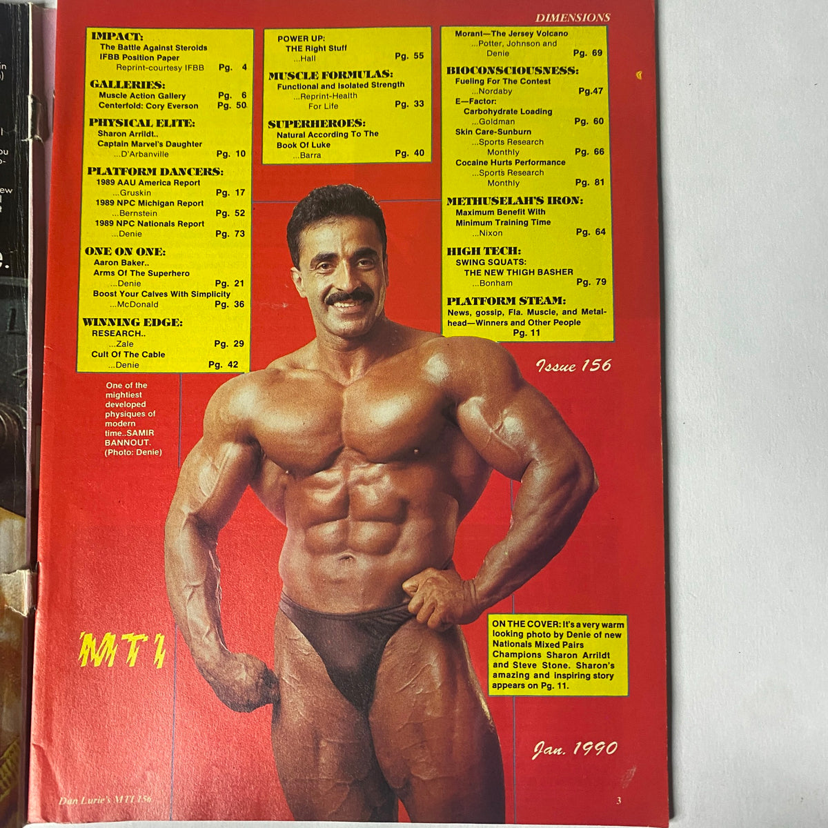 Back cover of Muscle Training Illustrated January 1990 showcasing a muscular man with a mustache and a table of contents detailing various articles and features in the magazine.