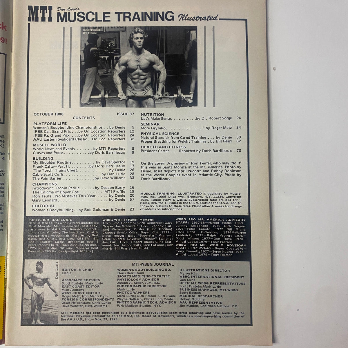 Inside page of Muscle Training Illustrated, October 1980, displaying the table of contents with detailed articles about bodybuilding routines, nutrition, and featured athletes.