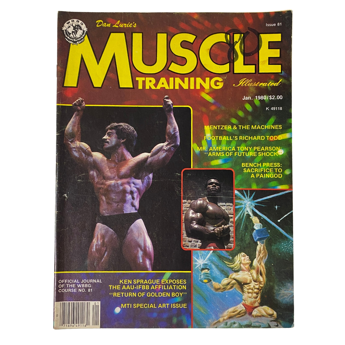 Cover of Muscle Training Illustrated, January 1980 issue featuring Mike Mentzer and Richard Todd, showcasing bodybuilding culture.