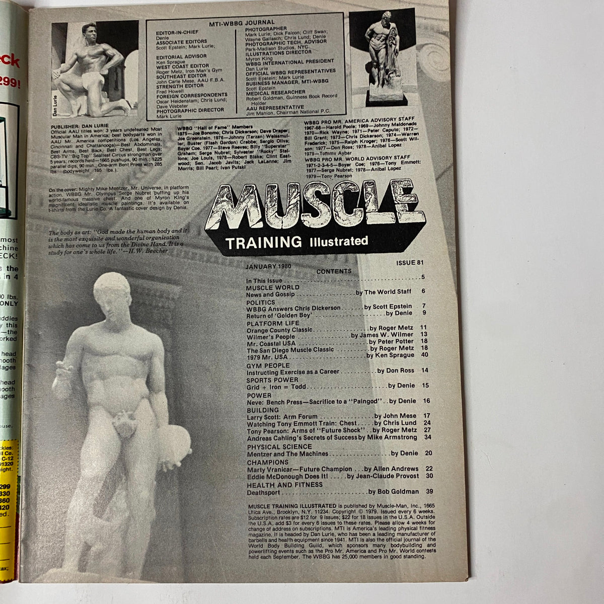 Table of contents page from Muscle Training Illustrated, January 1980, displaying articles such as 'Muscle World' and features on bodybuilding legends.