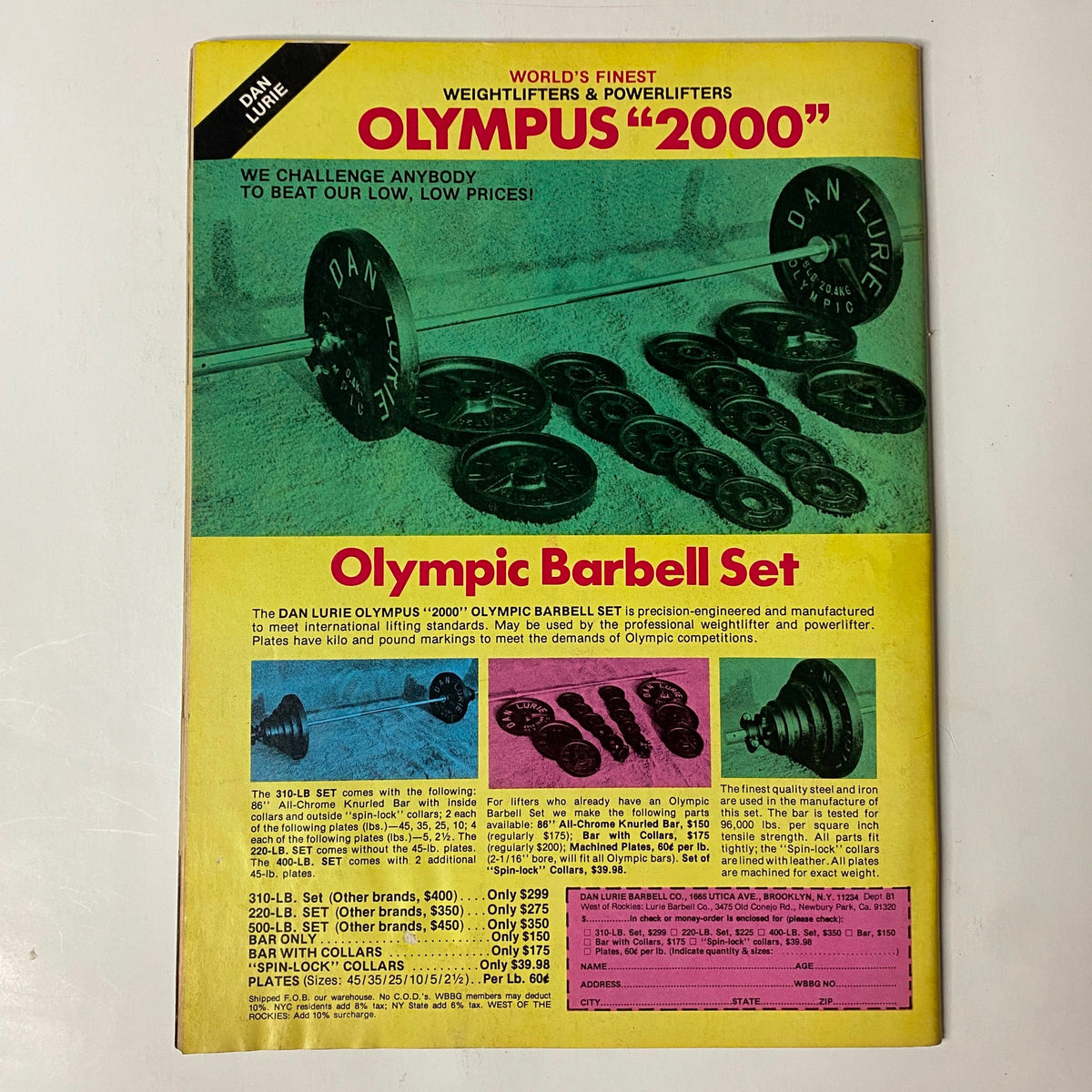 Advertisement page from Muscle Training Illustrated, January 1980, promoting the Olympic Barbell Set from Dan Lurie, highlighting fitness equipment.