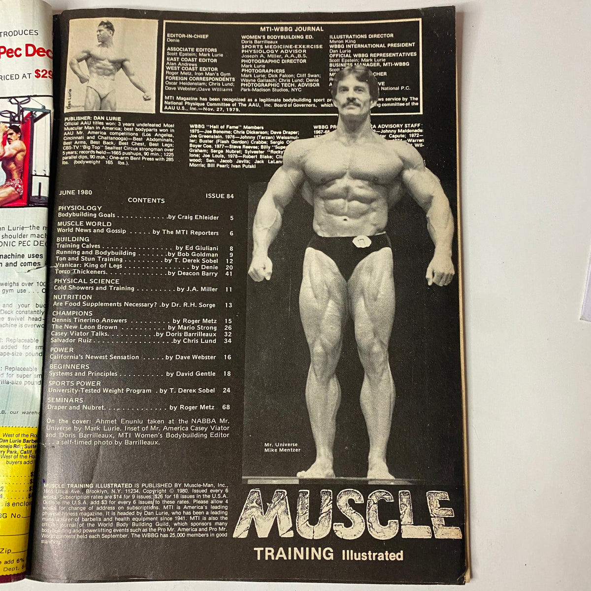 Interior page of Muscle Training Illustrated June 1980 featuring contents of the magazine, including topics on physiology and nutrition with a prominent photo of a bodybuilder in a triumphant pose.