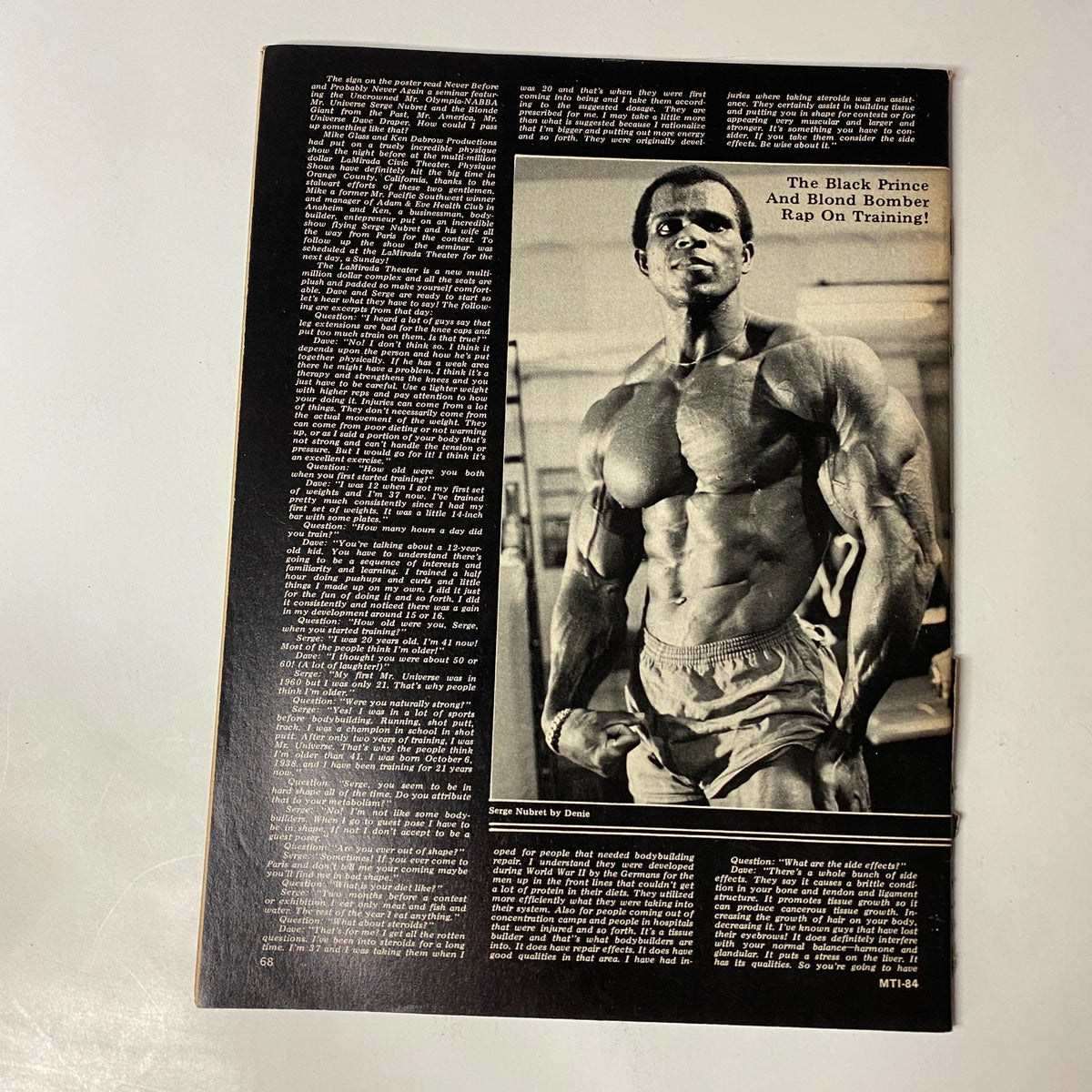 Back page of Muscle Training Illustrated June 1980 showcasing an article featuring African American bodybuilder Sergio Oliva with insights on training, highlighting his muscular build.