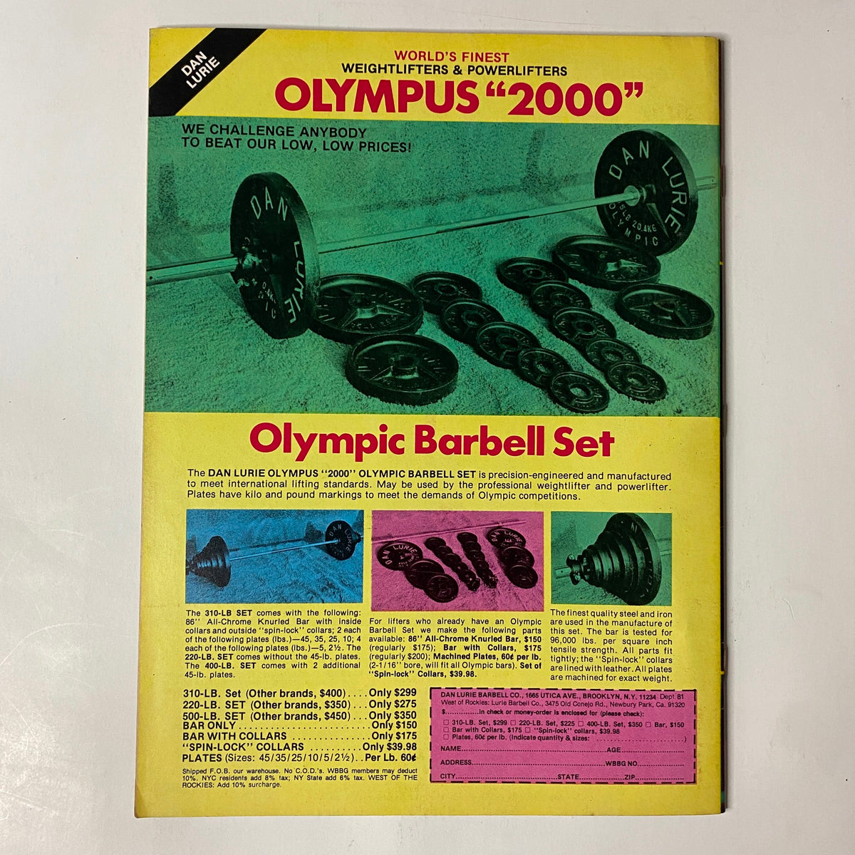 Muscle Training Illustrated January 1980 advertisement for the Dan Lurie Olympic Barbell Set, promoting weightlifting gear and fitness equipment.