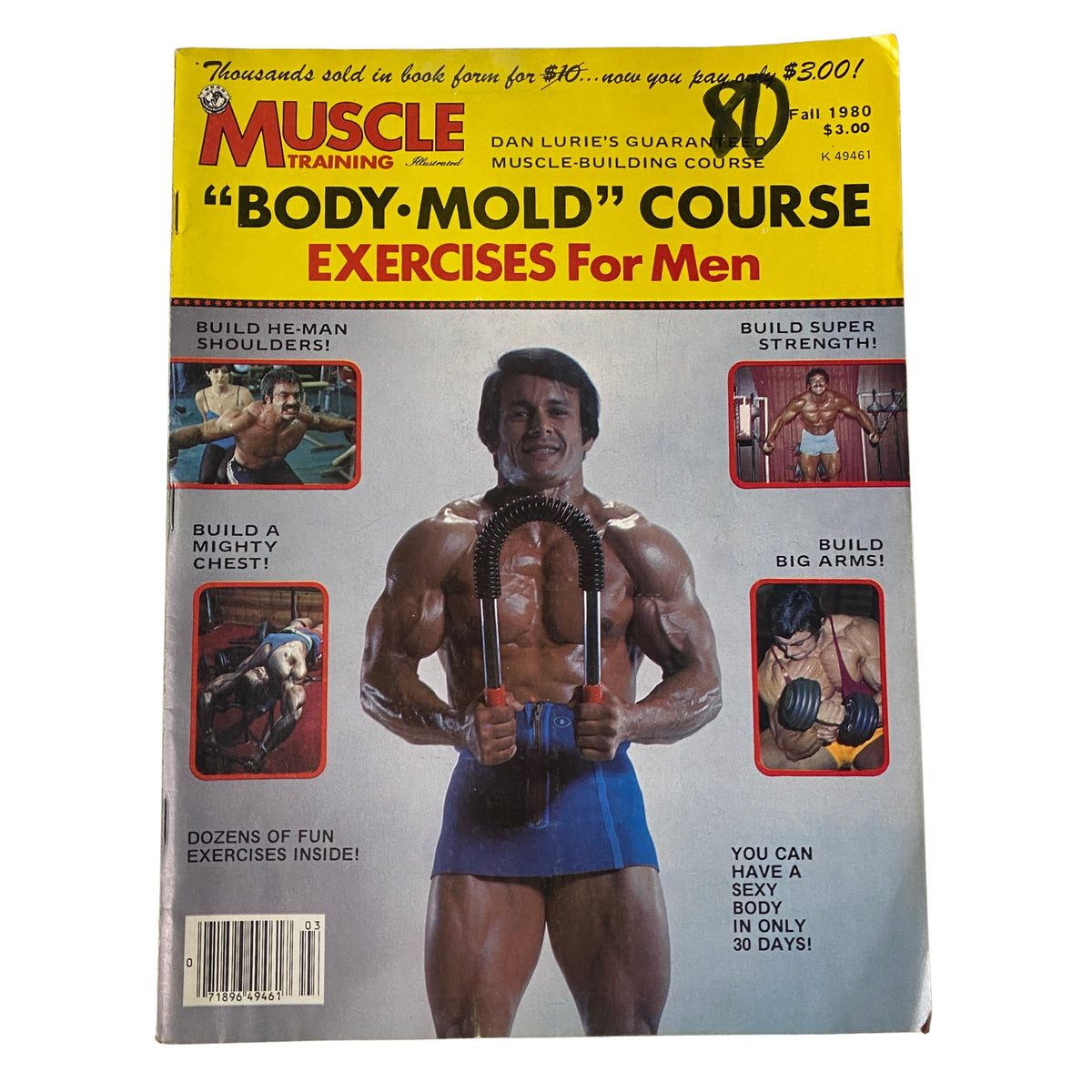 Cover image of Muscle Training Illustrated Fall 1980 titled 'Body-Molding' featuring a muscular man demonstrating exercises with a resistance band, promoting strength training and bodybuilding.
