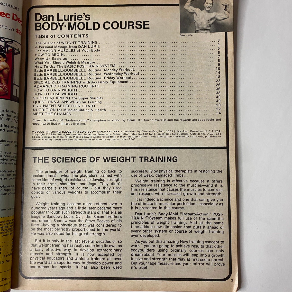 Interior page from Muscle Training Illustrated Fall 1980 detailing Dan Lurie's Body-Mold Course and the table of contents, including valuable tips on weight training and bodybuilding.