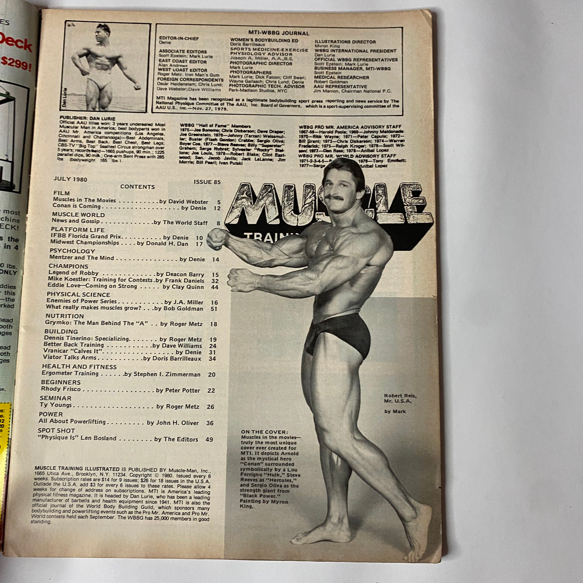 Inside page of Muscle Training Illustrated July 1980 No. 85 displaying the table of contents, highlighting various features and articles on bodybuilding, film, and fitness.