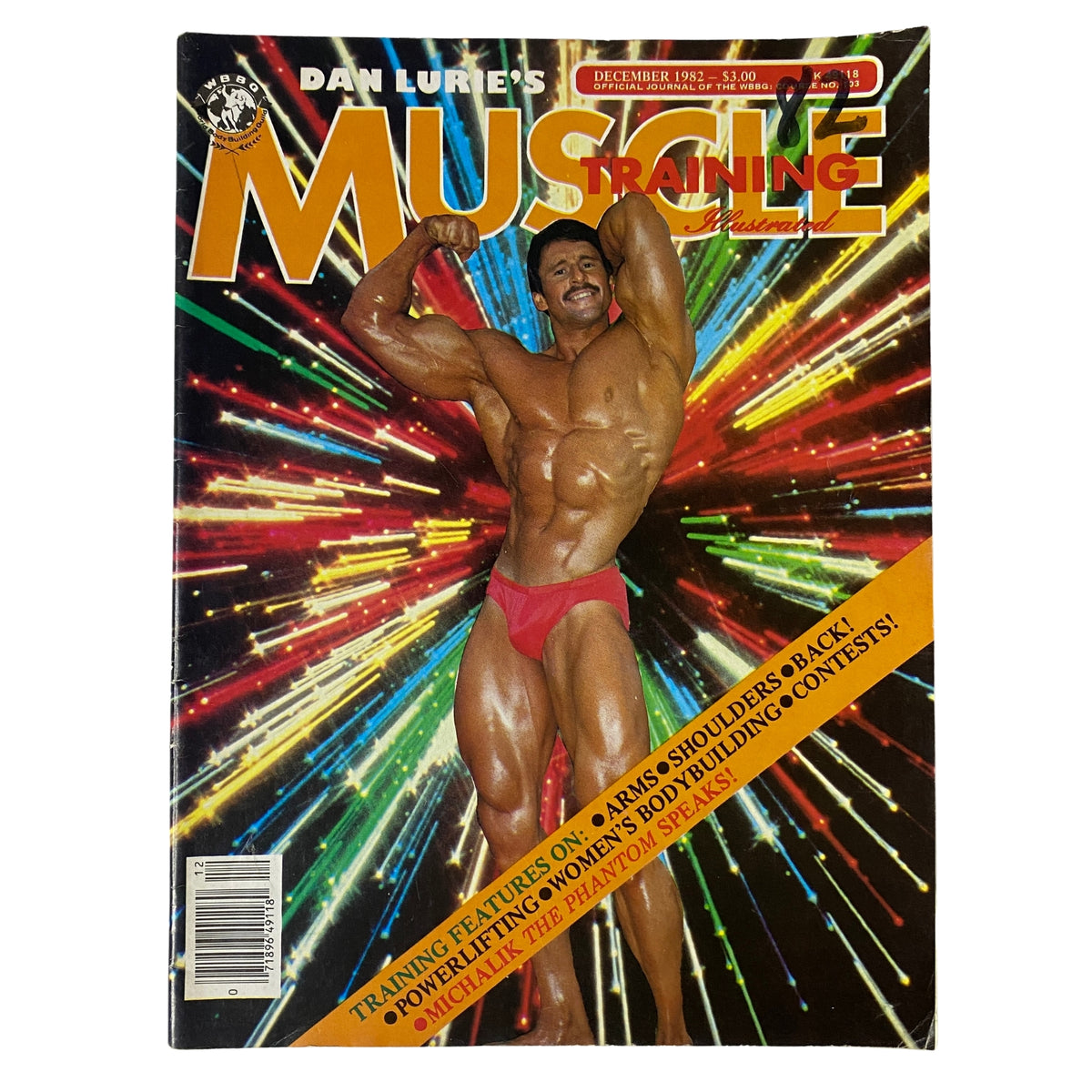 Cover of Muscle Training Illustrated, December 1982, Issue No. 103 featuring Steve Michalik showcasing his muscular physique with a vibrant background and the title prominently displayed.