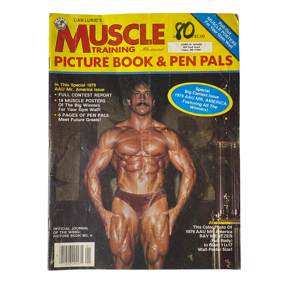 Cover of Muscle Training Illustrated January 1980 featuring Ray Mentzer, 1979 AAU Mr. America, showcasing bodybuilding with a vibrant design and highlights of contest details.