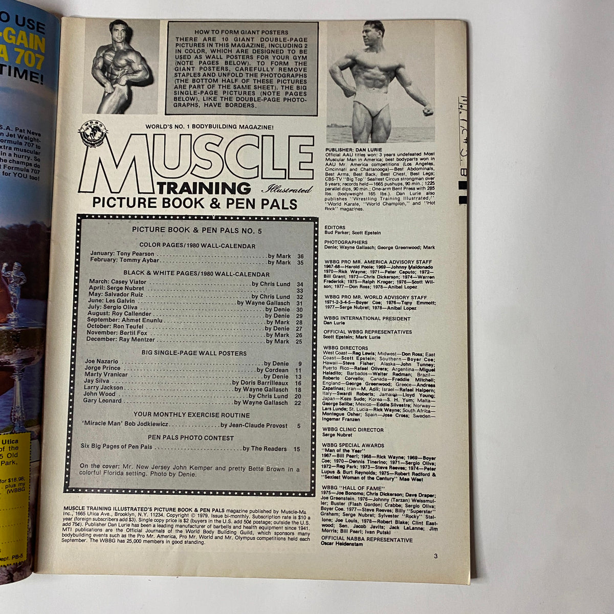 Table of contents page from Muscle Training Illustrated Picture Book March 1980 detailing sections including color pages, exercise routines, and pen pal contests.