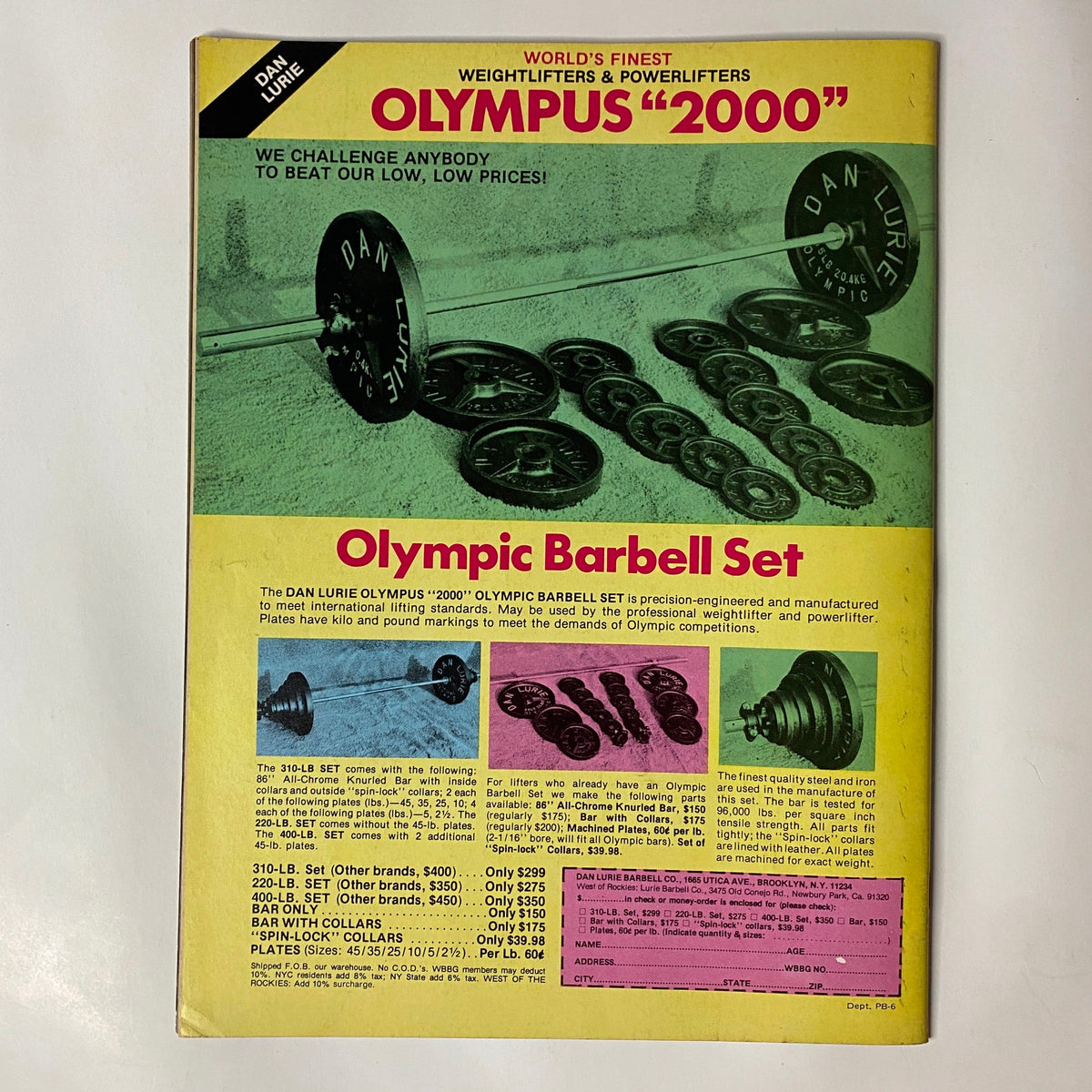 Muscle Training Illustrated Picture Book & Pen Pals Summer 1980 advertisement for the Dan Lurie Olympic Barbell Set, highlighting weights and low prices.