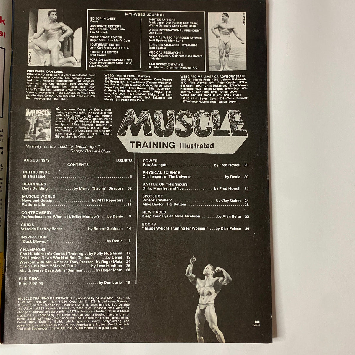 Back cover of Muscle Training Illustrated August 1979, displaying the table of contents and highlighting articles on training, health, and bodybuilding culture.