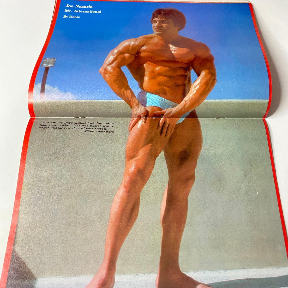 Joe Nazario posing as Mr. International featured in Muscle Training Illustrated, August 1979 issue, showcasing bodybuilding prowess with a focus on leg muscles.