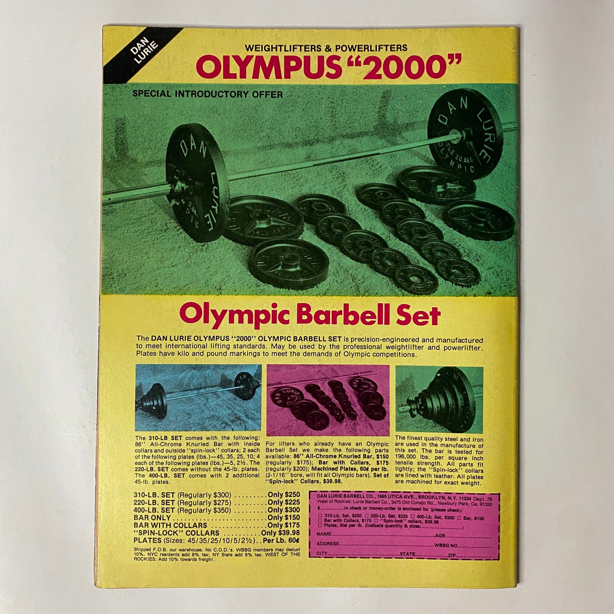 Advertisement for the Olympic Barbell Set by Dan Lurie in Muscle Training Illustrated, August 1979 issue, highlighting weights and powerlifting equipment.