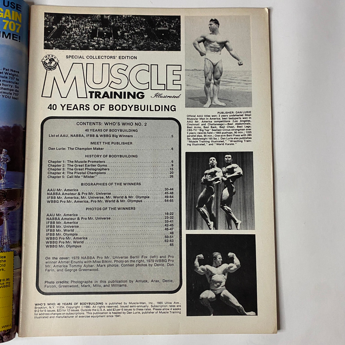 Inside page of Muscle Training Illustrated, Summer 1980, detailing contents for the 'Who's Who No. 2' issue on bodybuilding history.