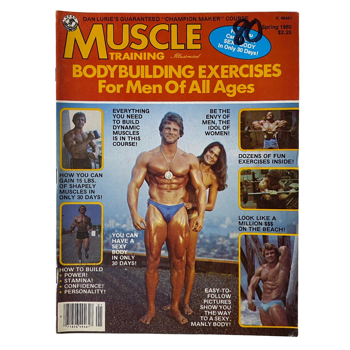 Cover of 'Muscle Training Illustrated Spring 1980' featuring champion bodybuilder Dave Spector and his girlfriend, highlighting bodybuilding exercises for men of all ages.