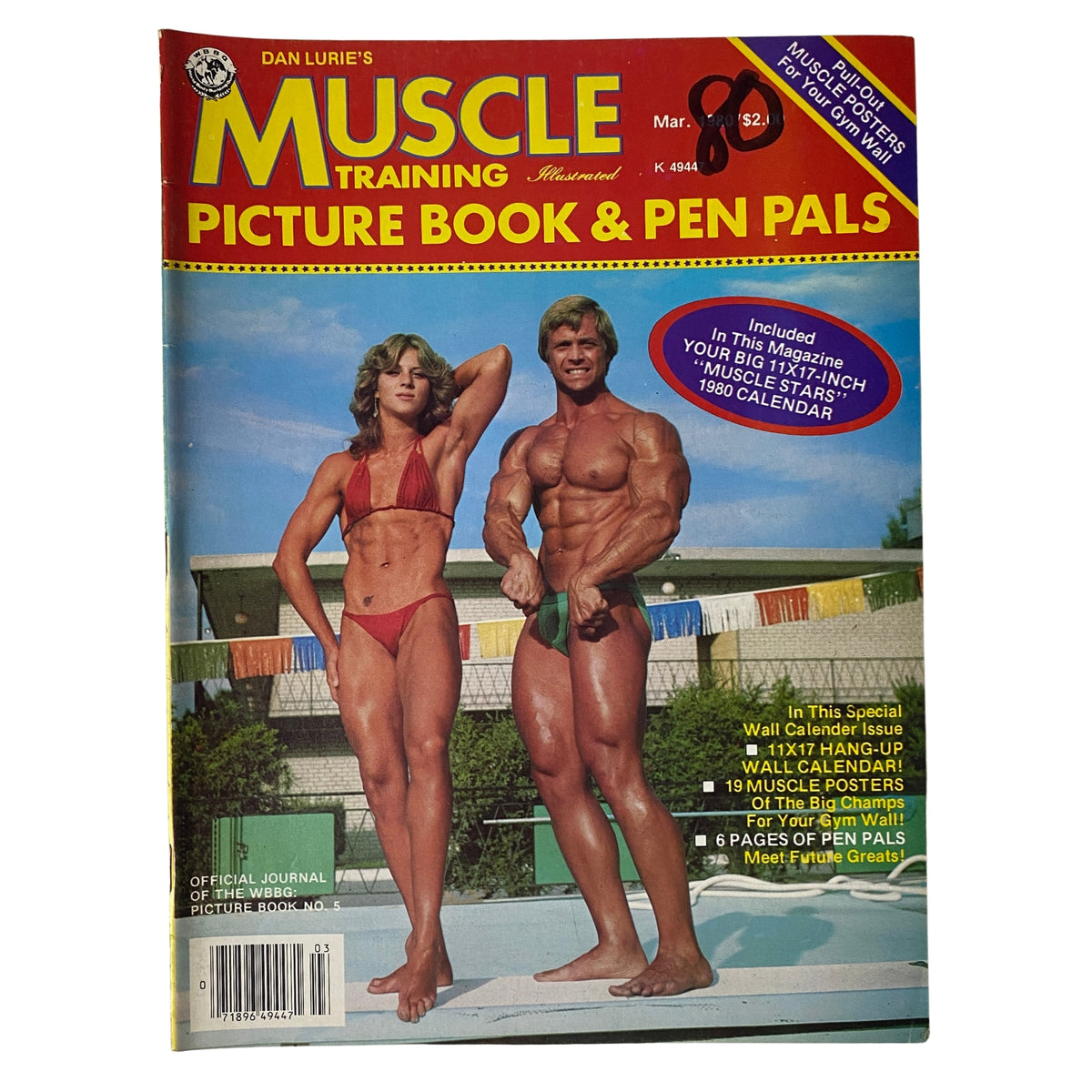 Cover of Muscle Training Illustrated Picture Book & Pen Pals, March 1980, featuring John Kemper and Bette Brown on a vibrant Florida setting.