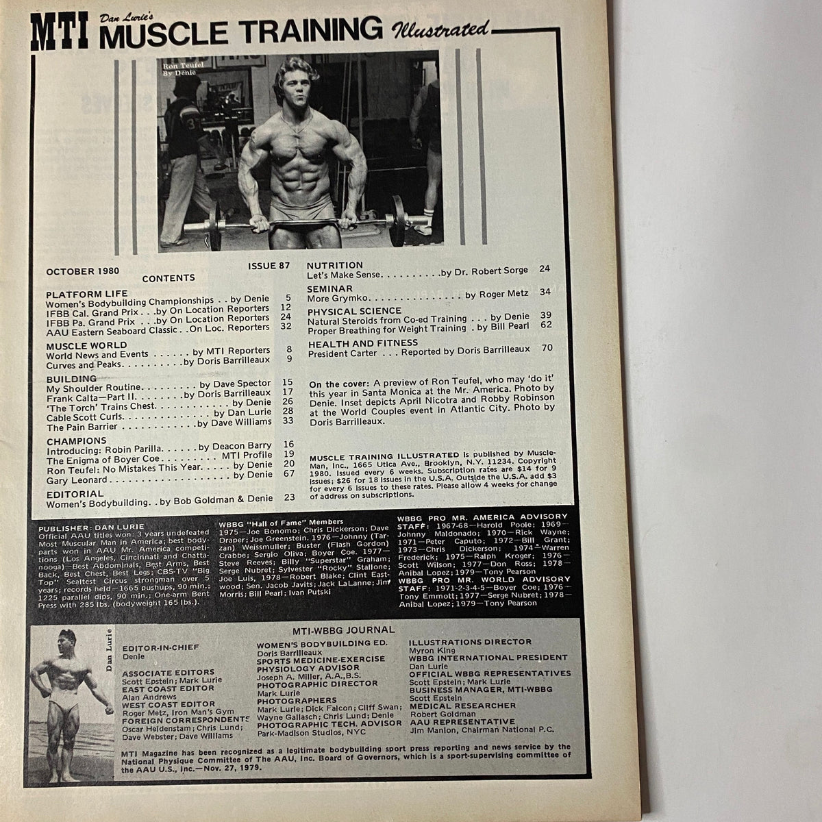 Back cover of Muscle Training Illustrated October 1980, Issue No. 87, featuring a photograph of a muscular man posing for bodybuilding, with a detailed table of contents.