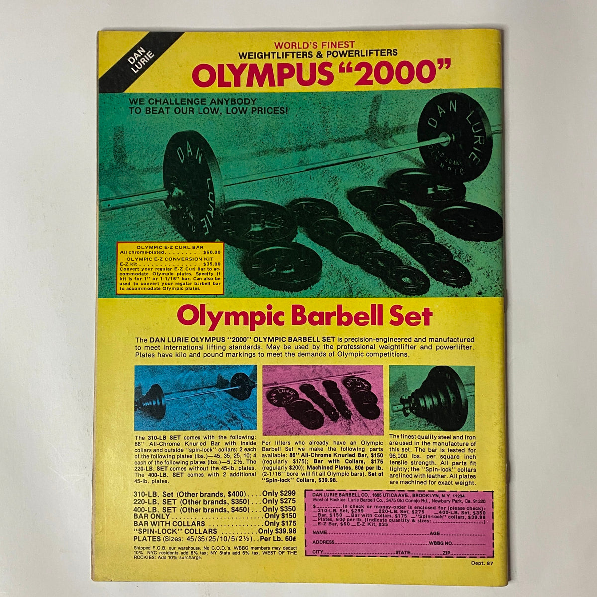 Back cover advertisement of Olympic Barbell Set in Muscle Training Illustrated October 1980, Issue No. 87, promoting weightlifting equipment with colorful graphics.