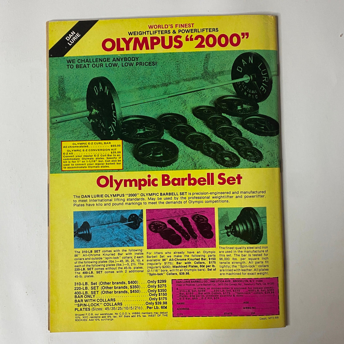 Muscle Training Illustrated December 1980 No. 88 advertisement for Dan Lurie Olympic Barbell Set, highlighting weightlifting equipment with vibrant colors and promotional pricing.