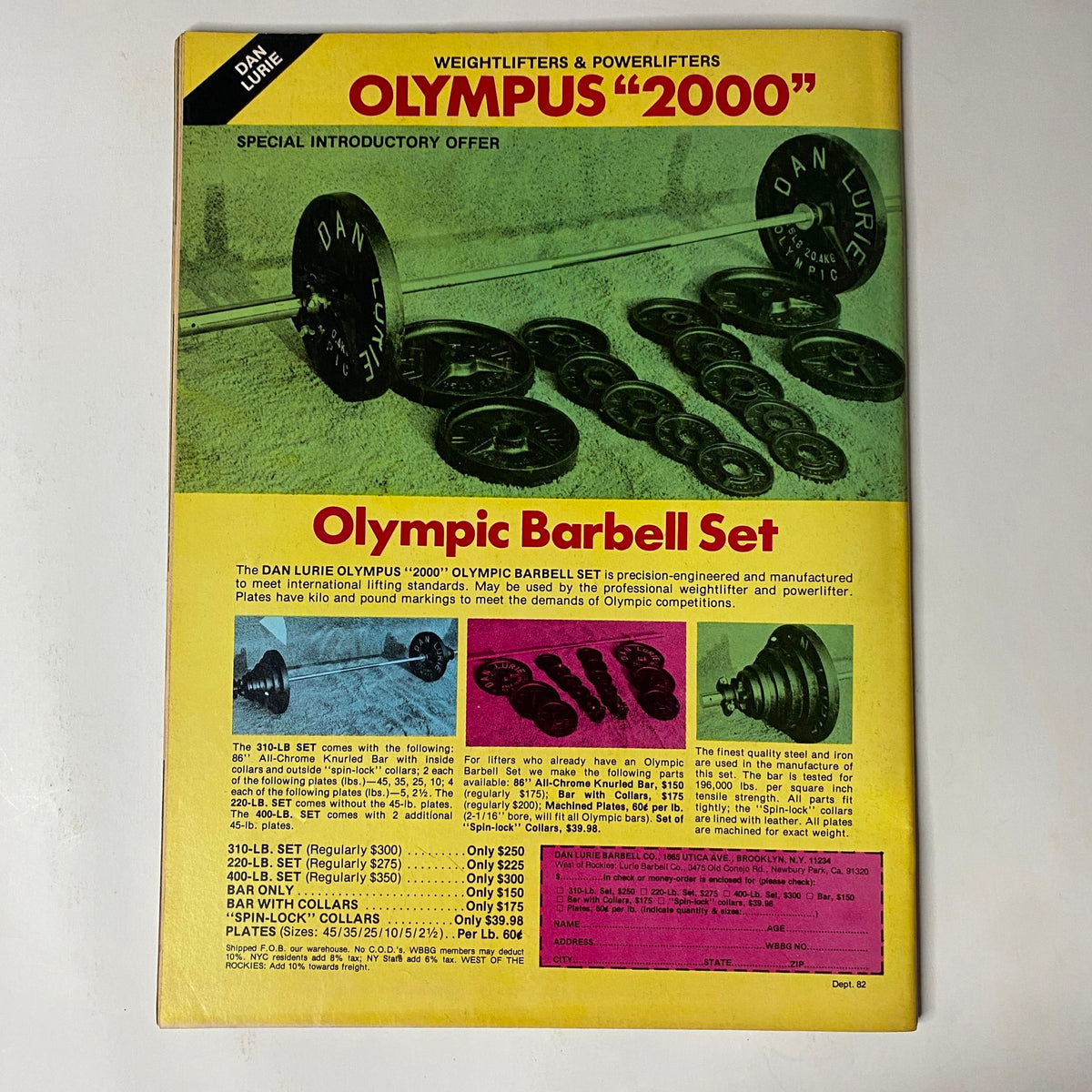 Back cover of Muscle Training Illustrated March 1980 issue, displaying the Olympic Barbell Set advertisement with weights and pricing details. This promotional image is part of Issue No. 82, highlighting training equipment for bodybuilding enthusiasts.