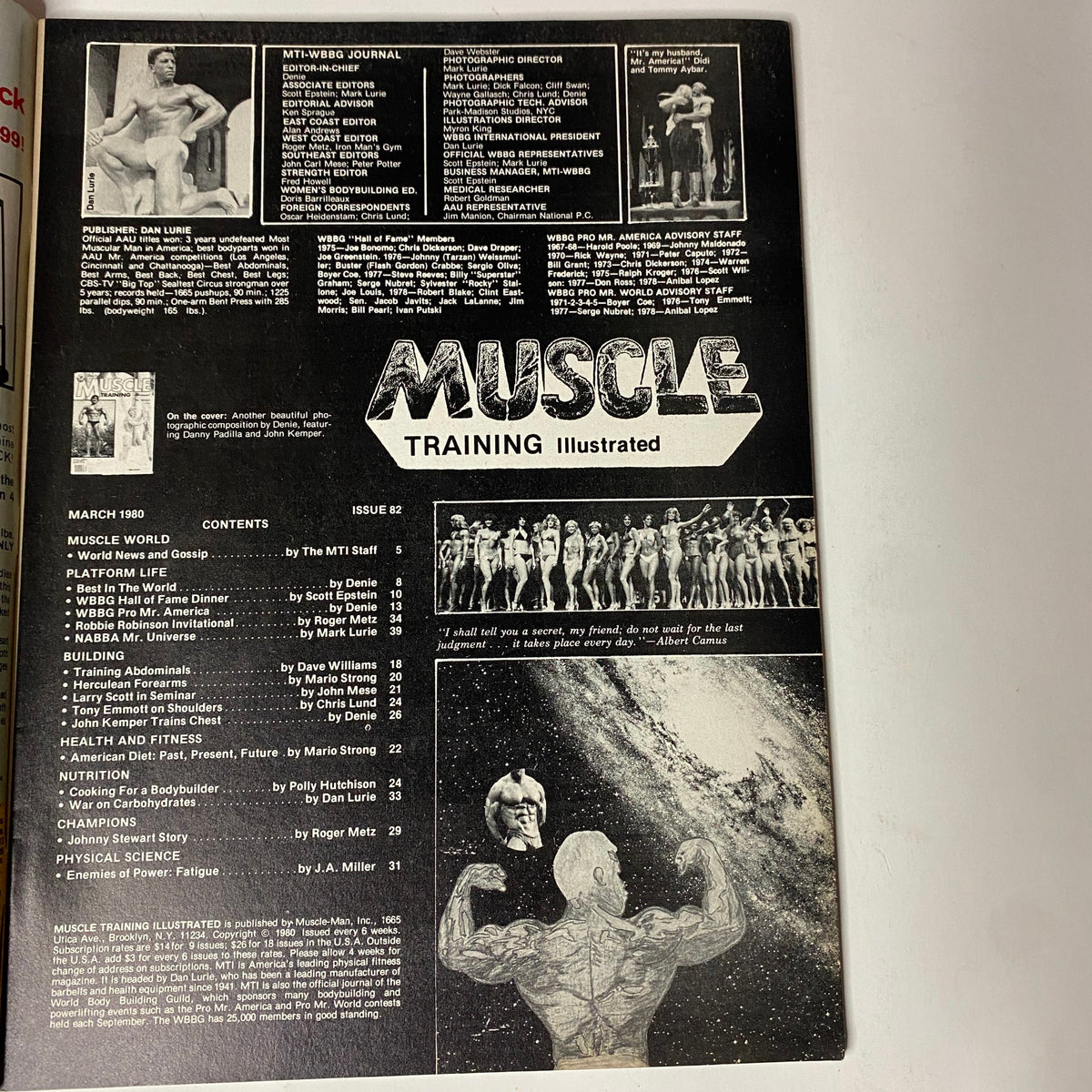 Back cover of Muscle Training Illustrated May 1981 displaying magazine credits and contents for the March 1980 issue, emphasizing the publication's focus on the bodybuilding community.