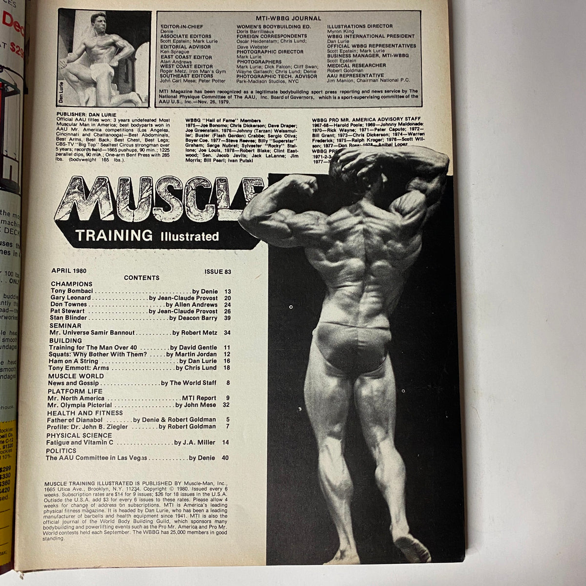 Table of Contents from Muscle Training Illustrated, April 1980, Issue No. 83, outlining articles on bodybuilding champions and training techniques.