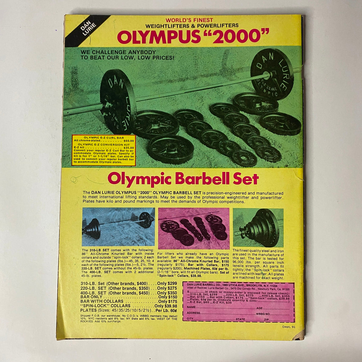 Advertisement page from Muscle Training Illustrated April 1981 promoting the Dan Lurie's Olympus 2000 Olympic Barbell Set, targeting fitness enthusiasts and athletes.