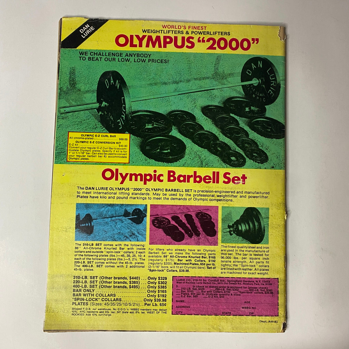 Muscle Training Illustrated 1982 Vol 2 Timothy Belknap advertisement for the Olympus 2000 Olympic Barbell Set, featuring weightlifting equipment.