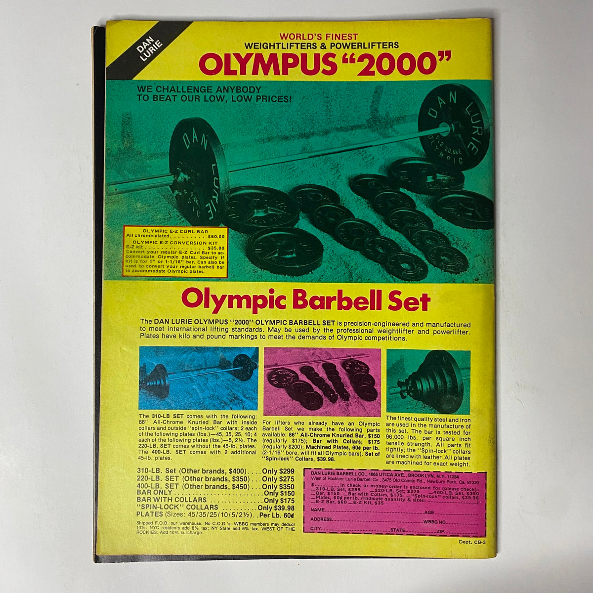 Muscle Training Illustrated Spring 1981, advertisement for the Dan Lurie Olympus '2000' Olympic Barbell Set. This promotional image features weights and emphasizes the brand's commitment to quality and affordability for weightlifters and bodybuilders.