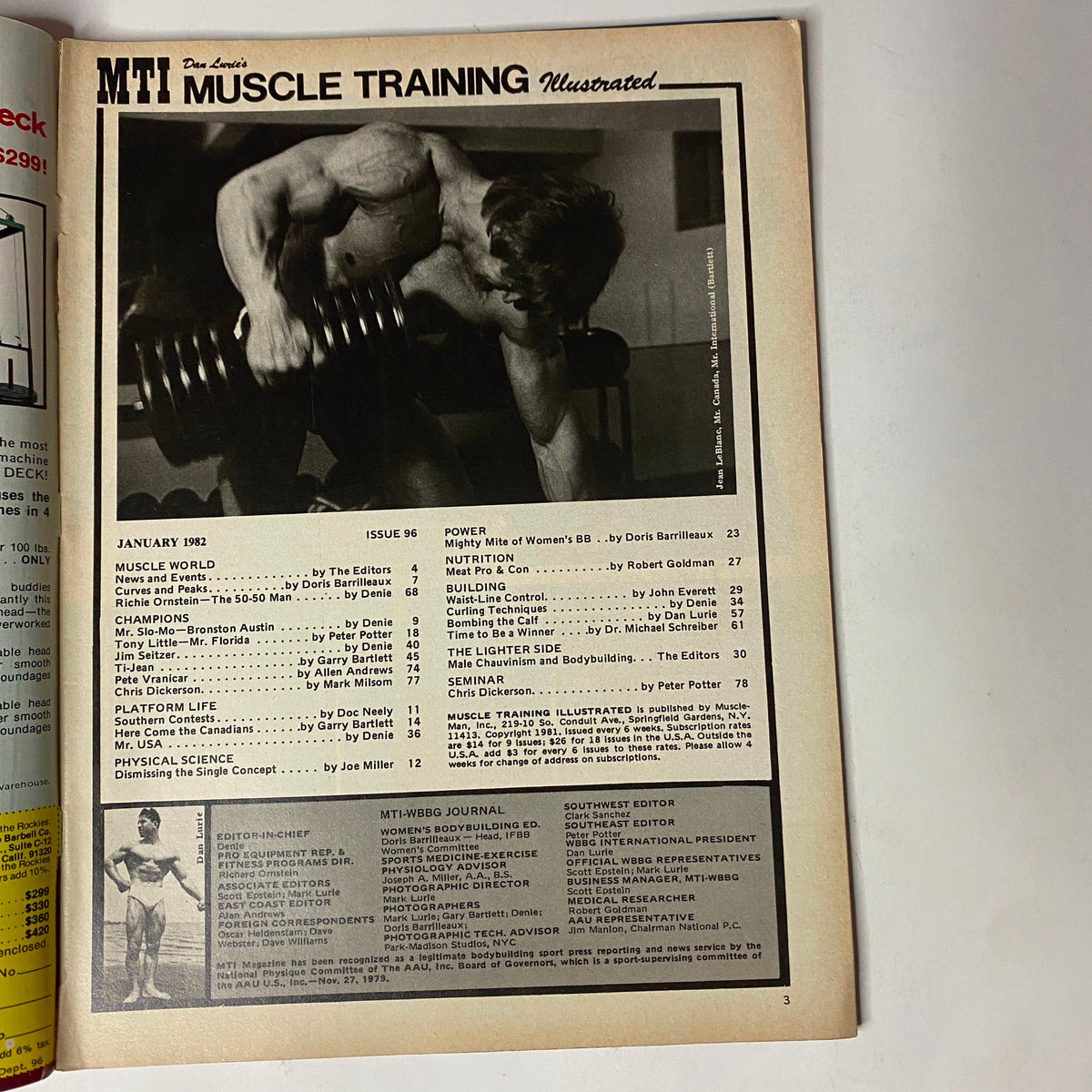 Interior page of Muscle Training Illustrated January 1982, Issue No. 96 displaying an article with training insights and a photo of a bodybuilder lifting weights.