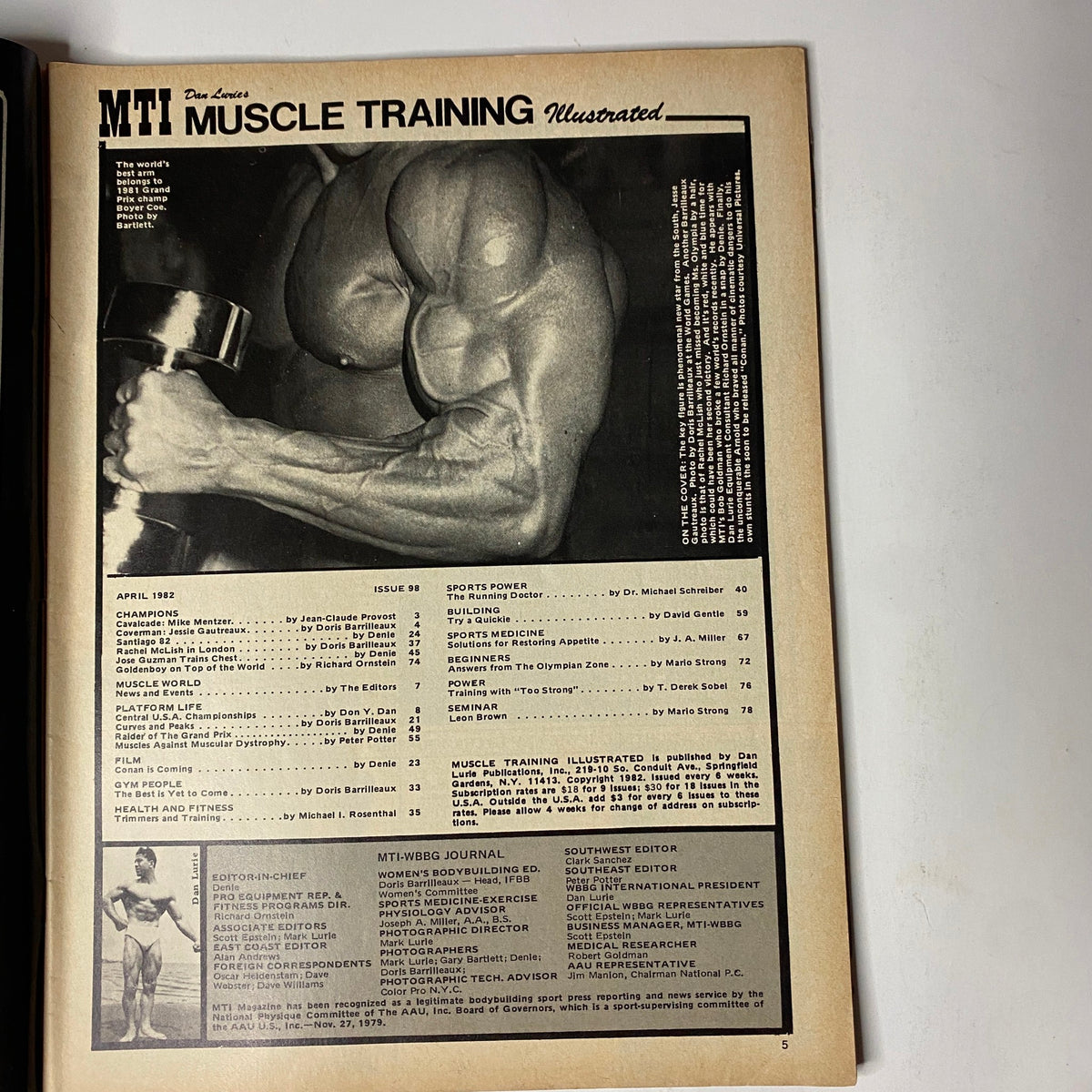 Inside page of Muscle Training Illustrated April 1982 No. 98 displaying the table of contents and a close-up image of a muscular arm holding a dumbbell.