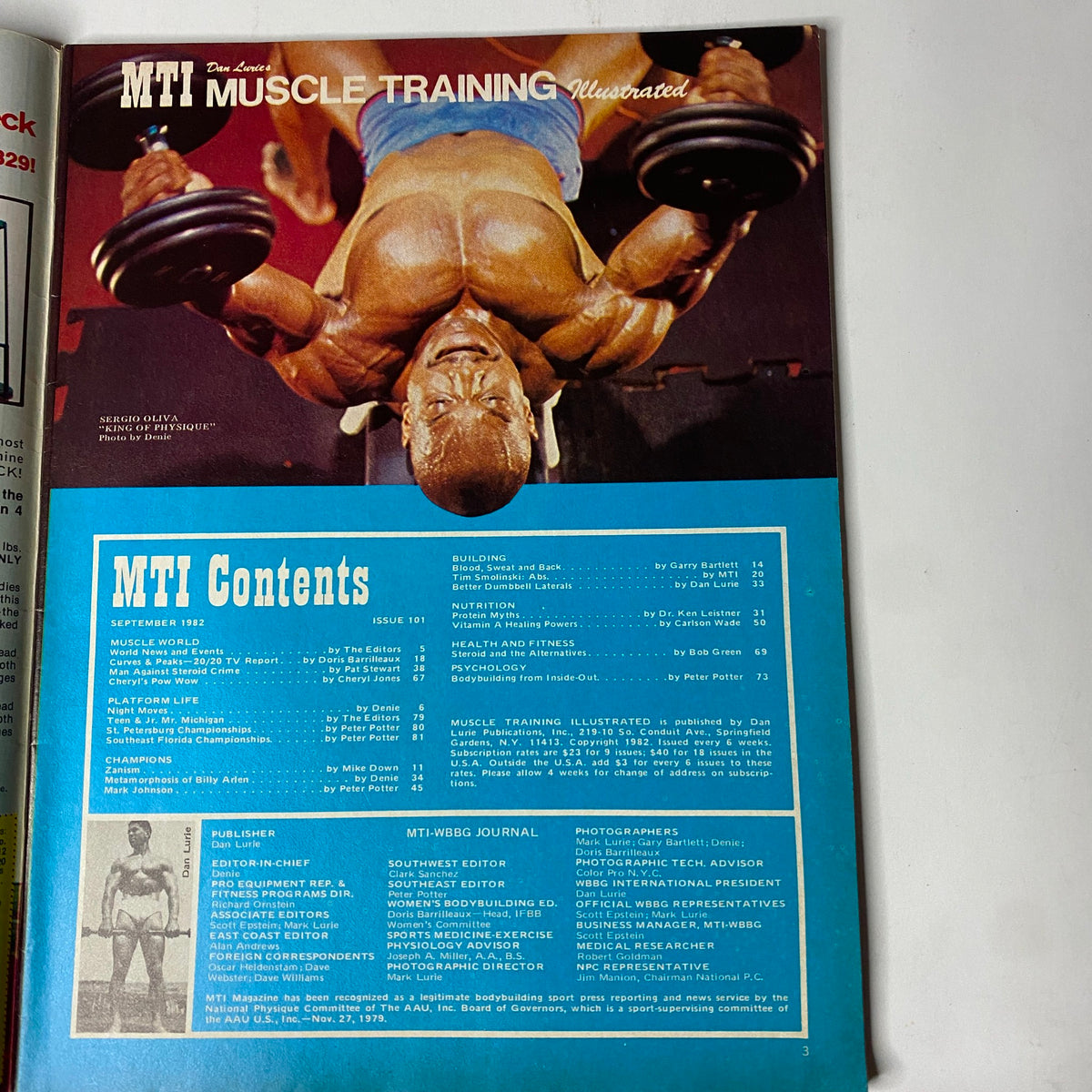 Cover page of Muscle Training Illustrated - September 1982, featuring a muscular athlete performing a bench press, with the magazine's content listing.