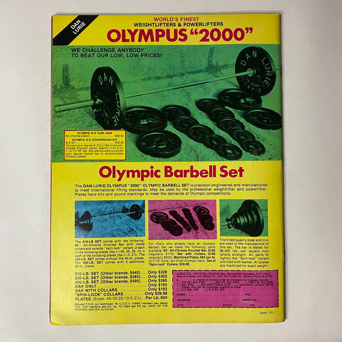 Back cover of Muscle Training Illustrated - September 1982, advertising the Dan Lurie Olympus '2000' Olympic Barbell Set with pricing and product details.