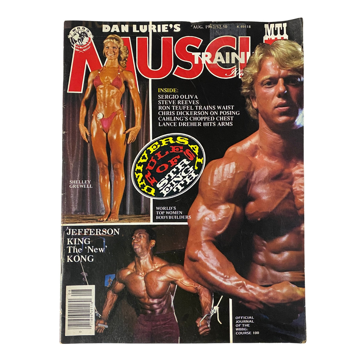 Cover of Muscle Training Illustrated August 1982, Issue No. 100 featuring Shelley Gruwell, Jefferson King, and Andreas Cahling, highlighting bodybuilding culture in the early 1980s.