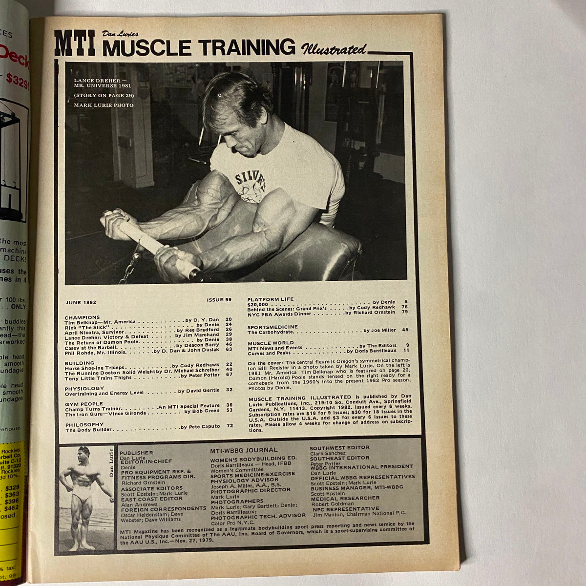 Inside spread of Muscle Training Illustrated June 1982, Issue No. 99, displaying the Table of Contents with featured articles on bodybuilding champions and training insights. A snapshot of early 1980s bodybuilding culture.