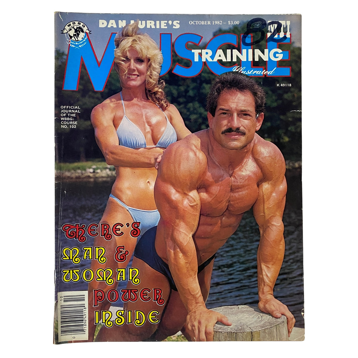 Cover of Muscle Training Illustrated October 1982 Issue No. 102 featuring John Schleicher and Georgia Fudge showcasing bodybuilding excellence.