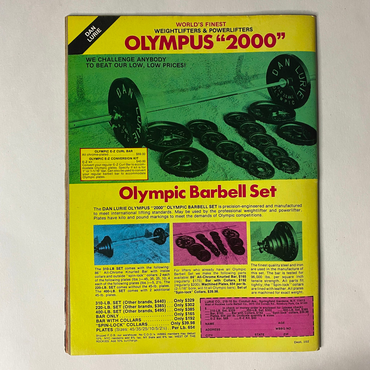 Back cover of Muscle Training Illustrated October 1982 Issue No. 102 featuring an advertisement for Olympic barbell sets and training equipment.
