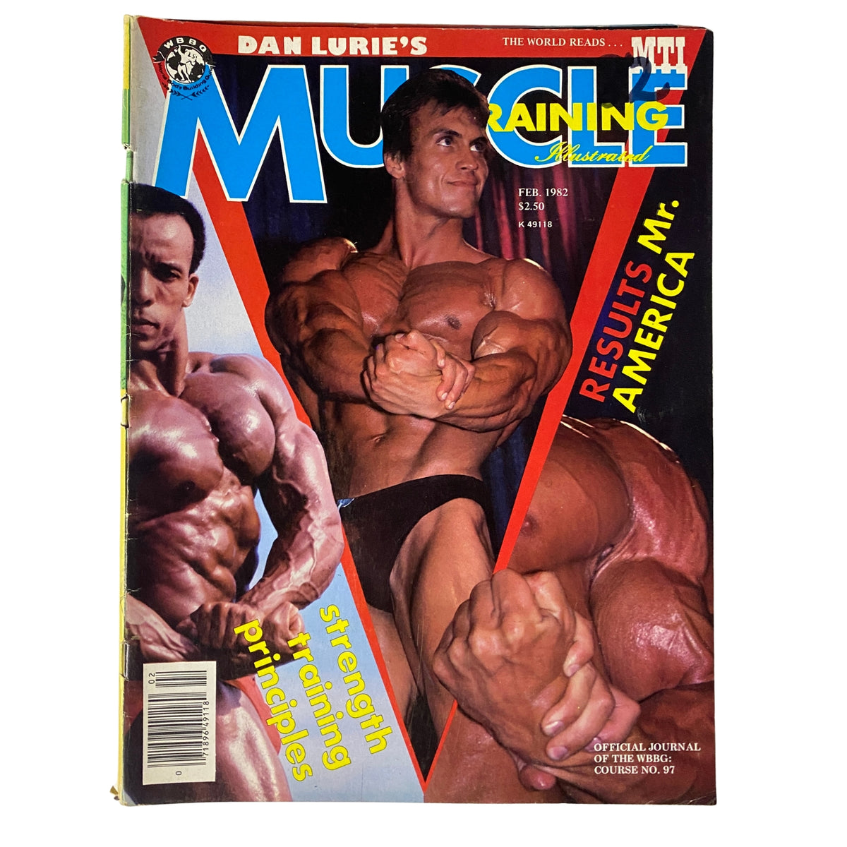 Cover of Muscle Training Illustrated February 1982 No. 97 featuring a well-muscled physique champion and a female bodybuilder.