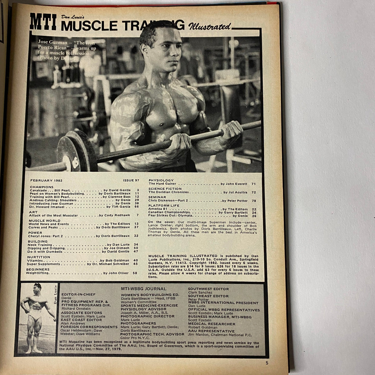 Table of contents page from Muscle Training Illustrated February 1982 No. 97, showcasing features on bodybuilding and fitness.