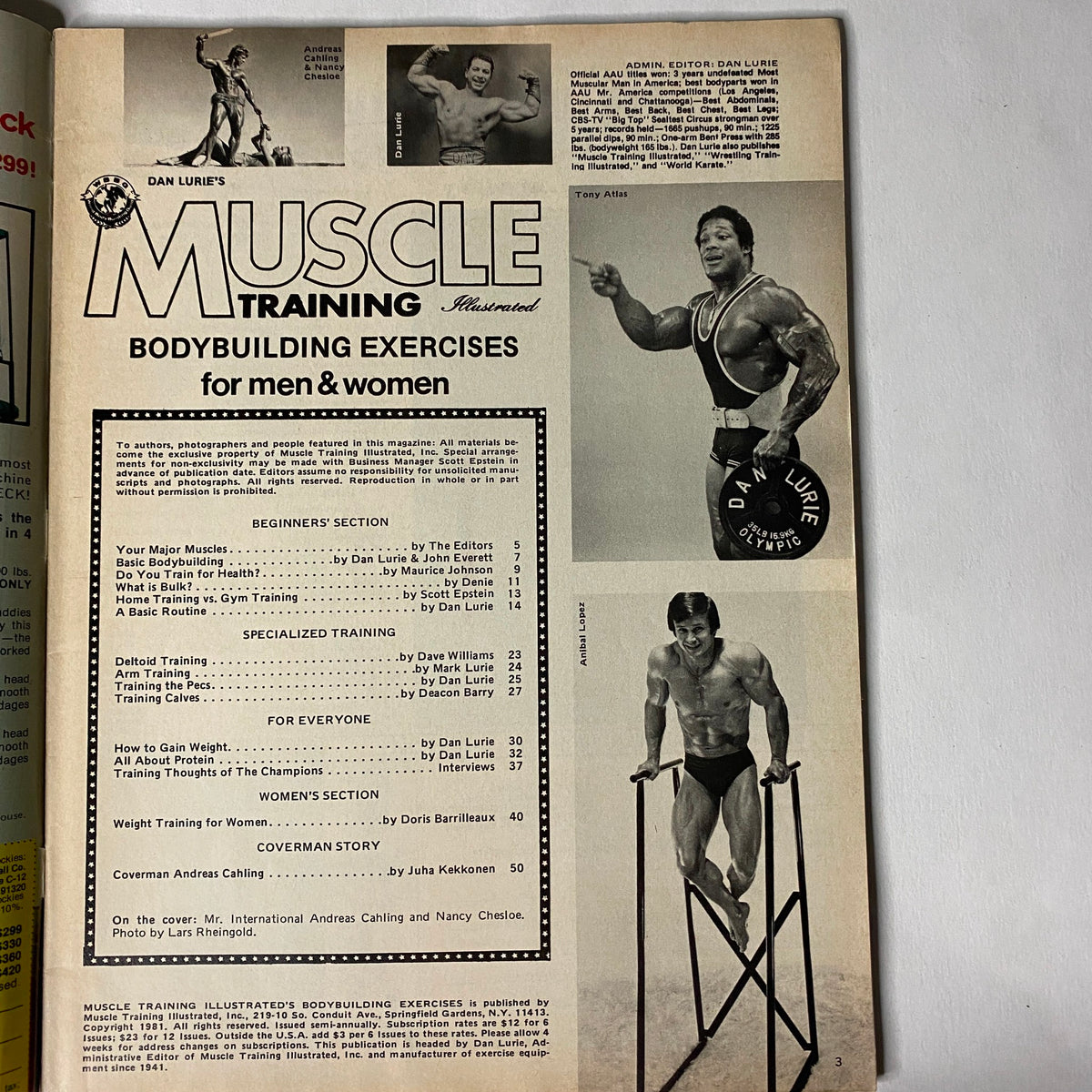Muscle Training Illustrated 1982 featuring a layout with bodybuilding exercises for men and women, including sections on beginners' training, specialized training, and women's training.