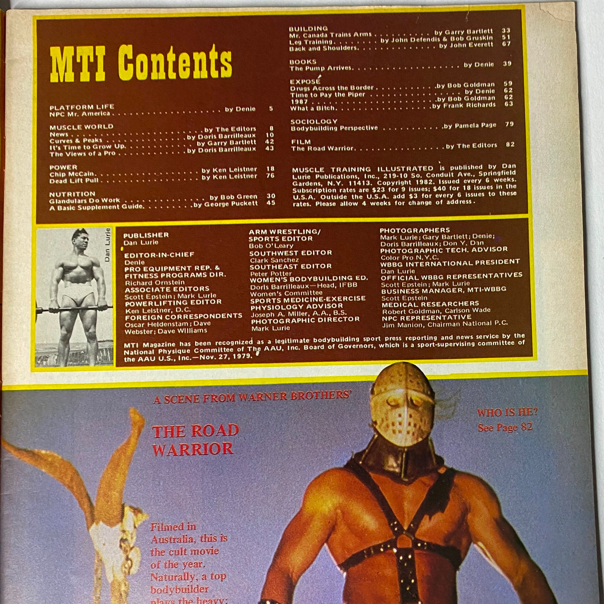 Contents page of Muscle Training Illustrated January 1983 No. 104, highlighting various articles and topics related to bodybuilding and nutrition.