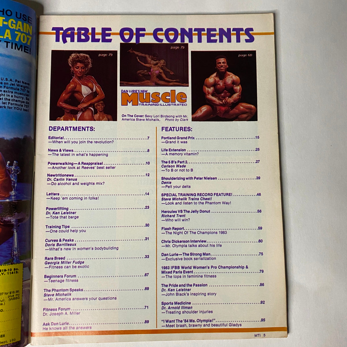 Table of Contents from Muscle Training Illustrated October 1983 featuring departments and articles related to bodybuilding and fitness.