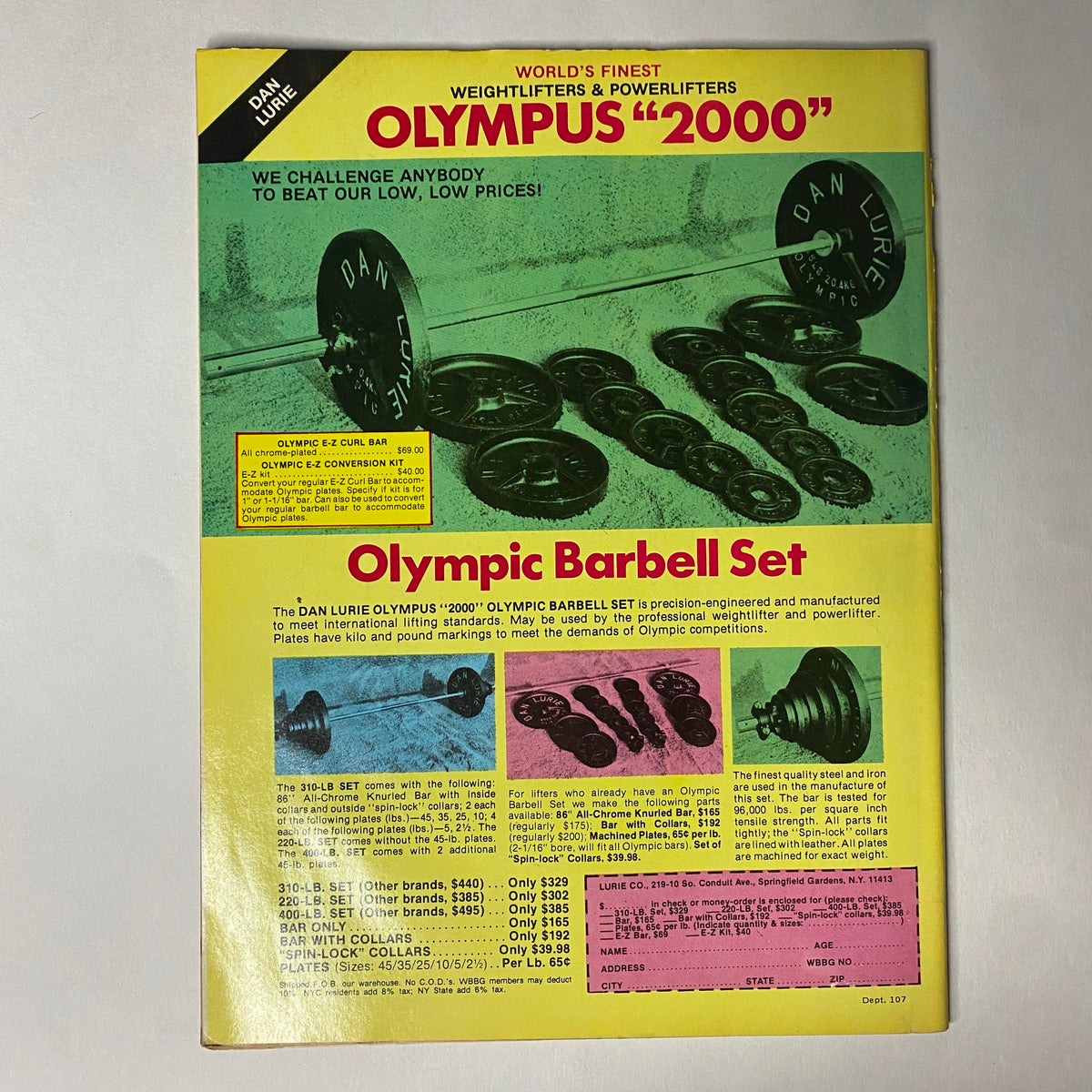 Muscle Training Illustrated June 1983 No. 107 advertisement for Olympus 2000 Olympic Barbell Set, promoting weightlifters and powerlifters equipment with a colorful design.