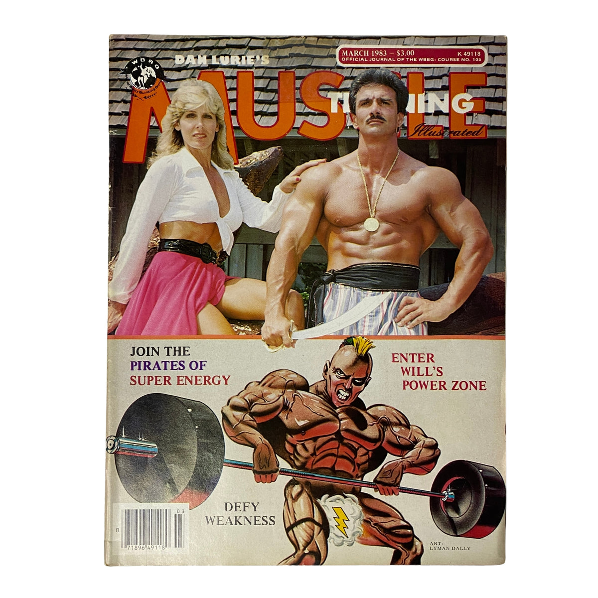 Cover of Muscle Training Illustrated, March 1983, featuring Frank Calta and Georgia Fudge as swashbucklers of strength with a playful theme, promoting the article 'The Pirates of Power'.