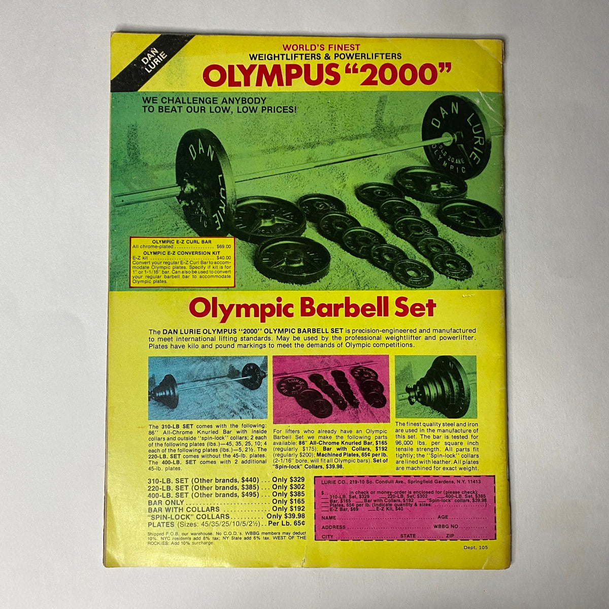 Olympic Barbell Set advertisement from Muscle Training Illustrated March 1983, featuring weights and training gear with pricing details, promoting Dan Lurie’s Olympian products.