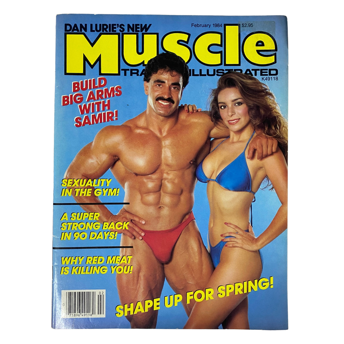 Cover of Muscle Training Illustrated February 1984 No. 112 featuring Mr. Olympia Samir Bannout and Deanna Navarro, highlighting bodybuilding culture and fitness tips.