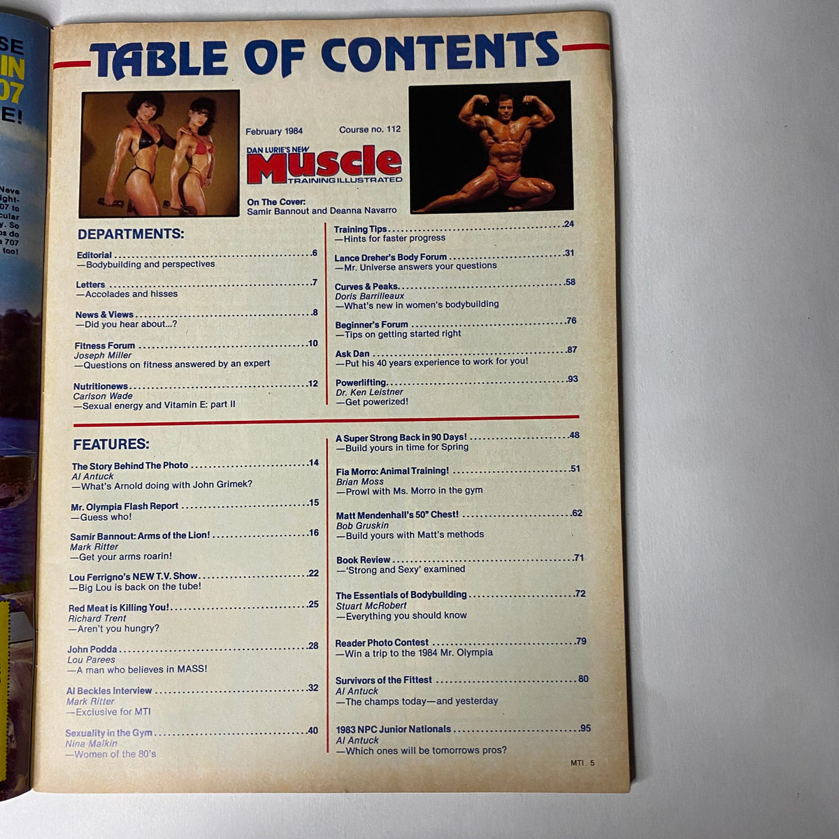 Table of contents page from Muscle Training Illustrated February 1984 No. 112, outlining features on bodybuilding, nutrition, and training insights.