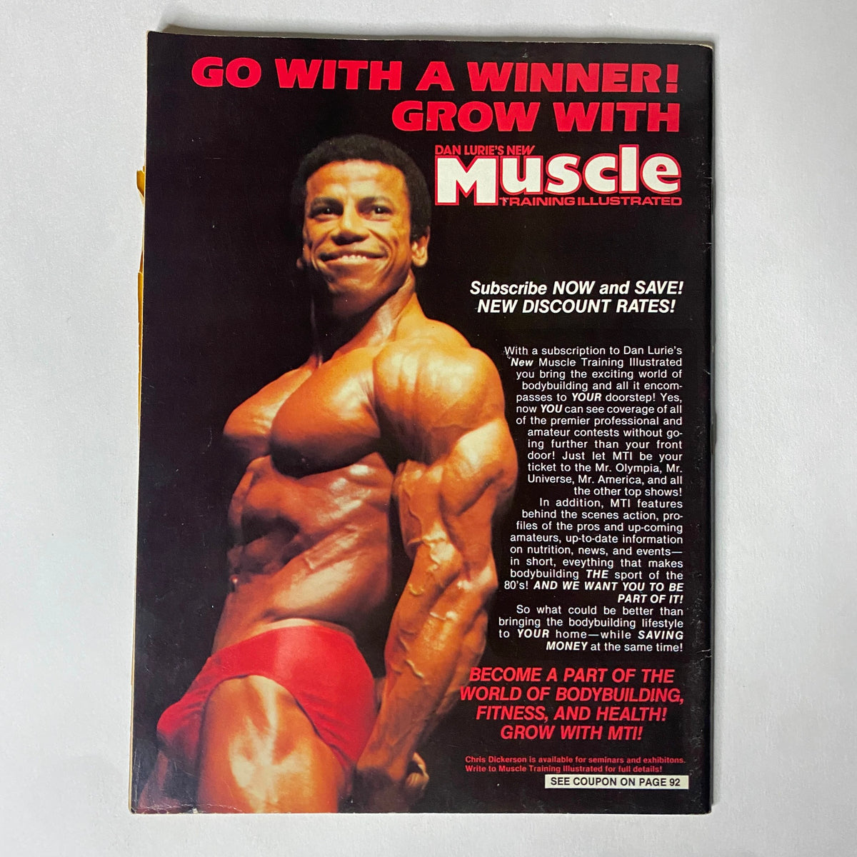 Back cover of Muscle Training Illustrated February 1984 No. 112 showcasing a muscular bodybuilder with subscription information, emphasizing the magazine's focus on bodybuilding and fitness.