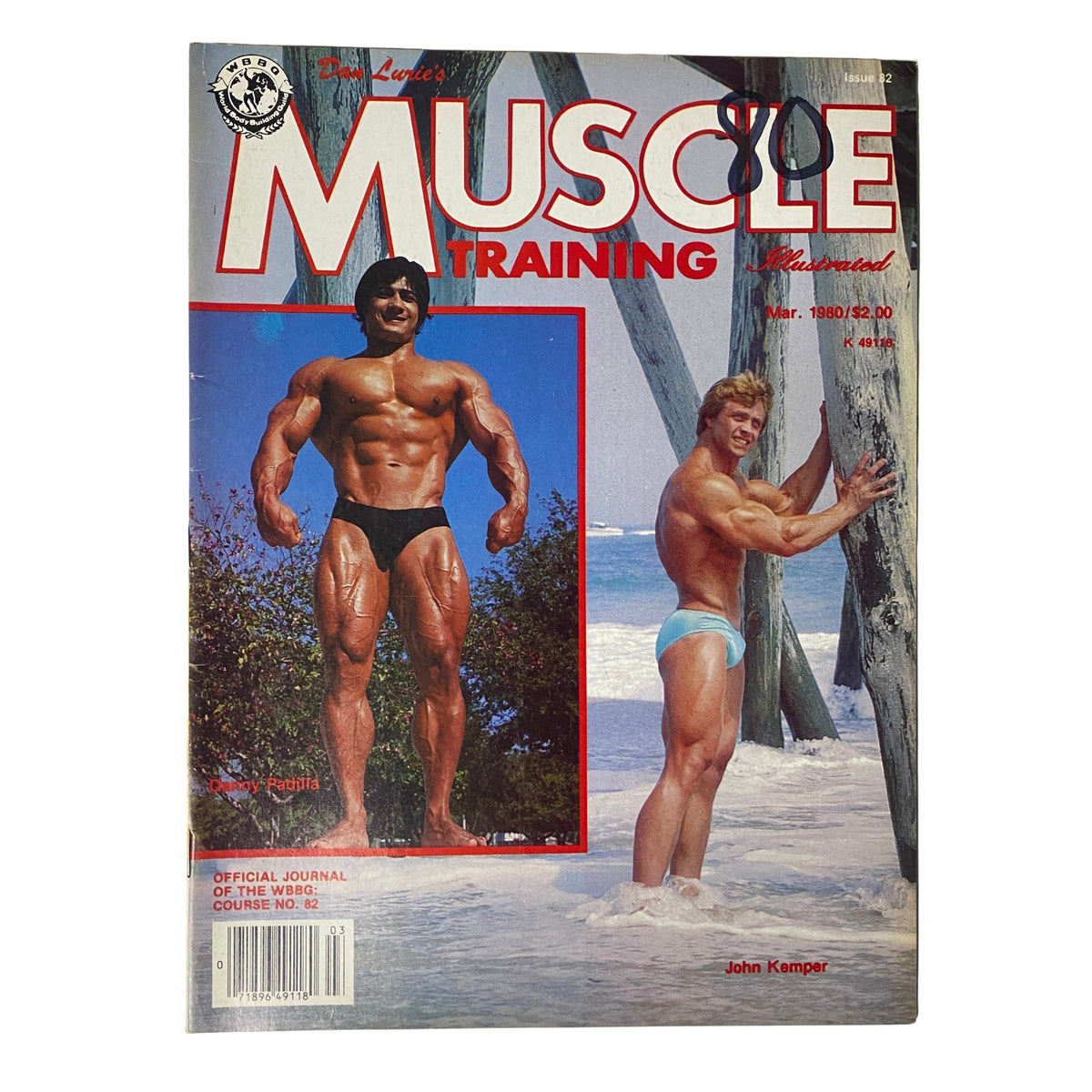 Muscle Training Illustrated March 1980 cover featuring Danny Padilla and John Kemper showcasing bodybuilding aesthetics in a beach setting.